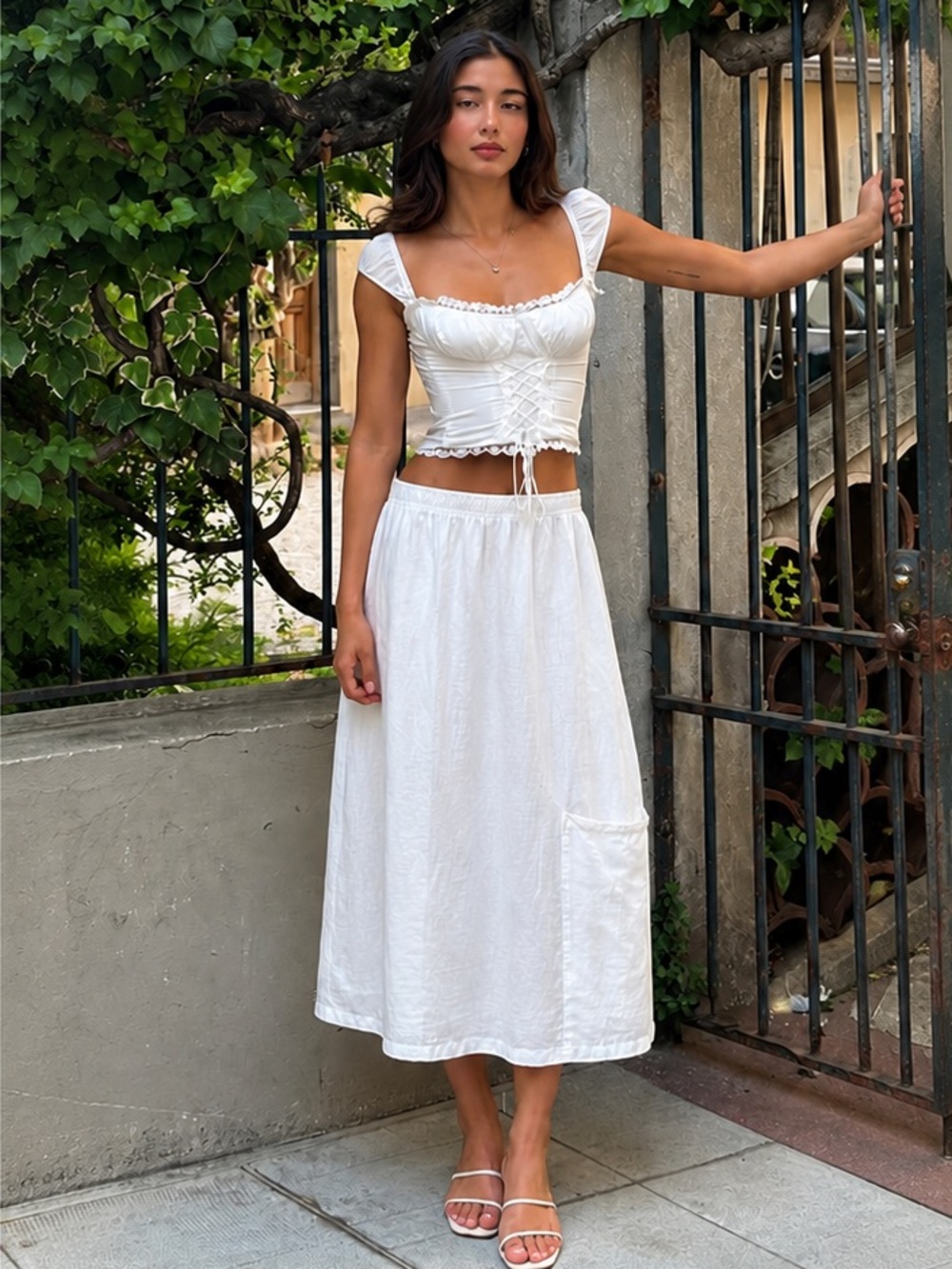 Eileen Fisher White Organic Cotton Midi Skirt Elastic Waist Pockets Medium M/L